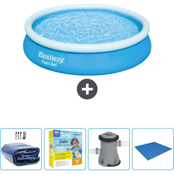 Piscina Gonfiabile Rotonda Bestway Ad Ambientazione Rapida - 366 X 76 Cm - Blu - Include Tenda Da Sole - Pacchetto Manutenzione - Pompa - Telo Di Protezione-image