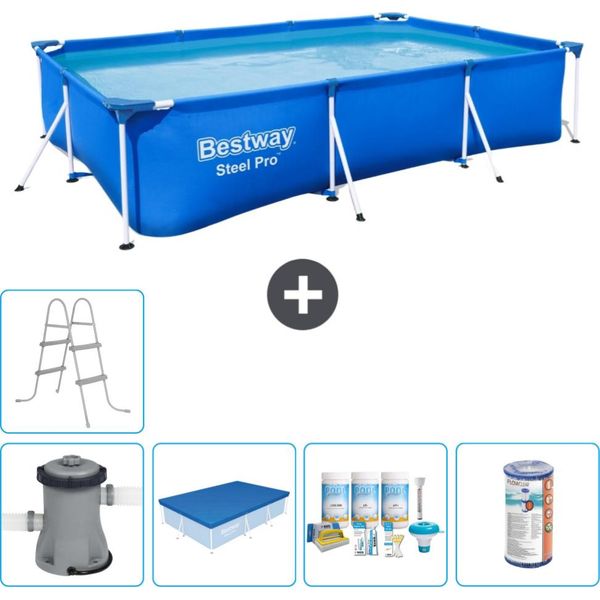 Piscina Bestway Pro Rettangolare In Acciaio - 300 X 201 X 66 Cm - Blu - Inclusa Copertura Per La Pompa - Pacchetto Manutenzione - Filtro - Scaletta-image