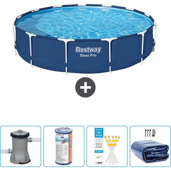 Piscina Bestway Round Steel Pro - 396 X 84 Cm - Blu - Inclusa Pompa - Filtro - Strisce Reattive - Tenda Da Sole-image