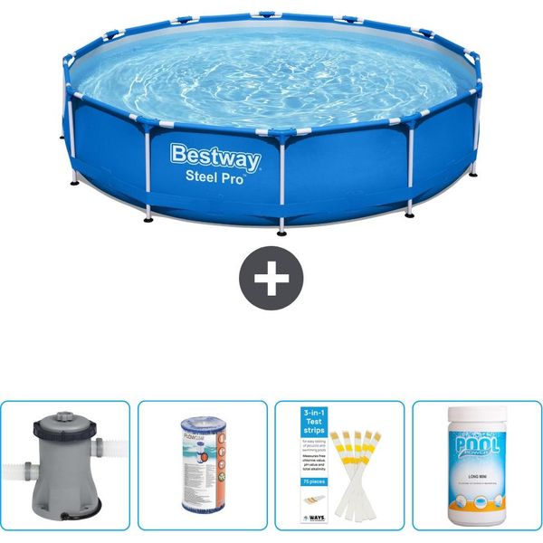 Piscina Bestway Round Steel Pro - 366 X 76 Cm - Blu - Compresa Pompa - Filtro - Strisce Reattive - Cloro-image