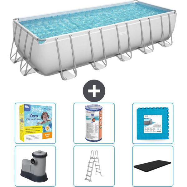 Piscina Rettangolare Bestway Power Steel - 640 X 274 X 132 - Grigio - Compresa Pompa - Scaletta - Copertura Pacchetto Manutenzione - Filtro - Pavimento In Piastrelle-image