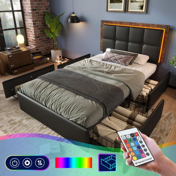 Letto Imbottito Flieks 90X200Cm Con 4 Cassetti, Letto Singolo Letto Giovanile Con Led, Letto Contenitore Letto In Legno Letto Funzionale Con Rete A Doghe, Pu, Nero-image