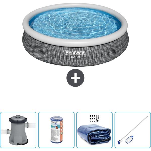 Piscina Gonfiabile Rotonda Bestway - Stampa Rattan - 366 X 76 Cm - Inclusa Pompa - Filtro - Tenda - Kit Di Pulizia-image
