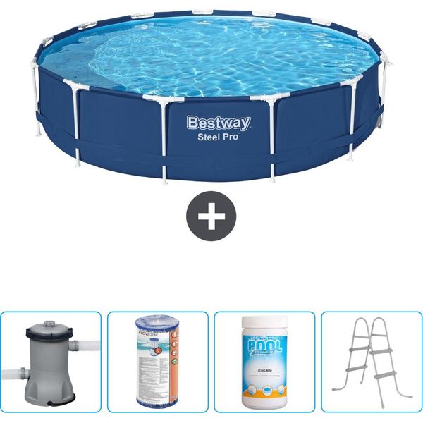 Piscina Bestway Round Steel Pro - 396 X 84 Cm - Blu - Pompa Inclusa Filtro - Cloro - Scaletta-image
