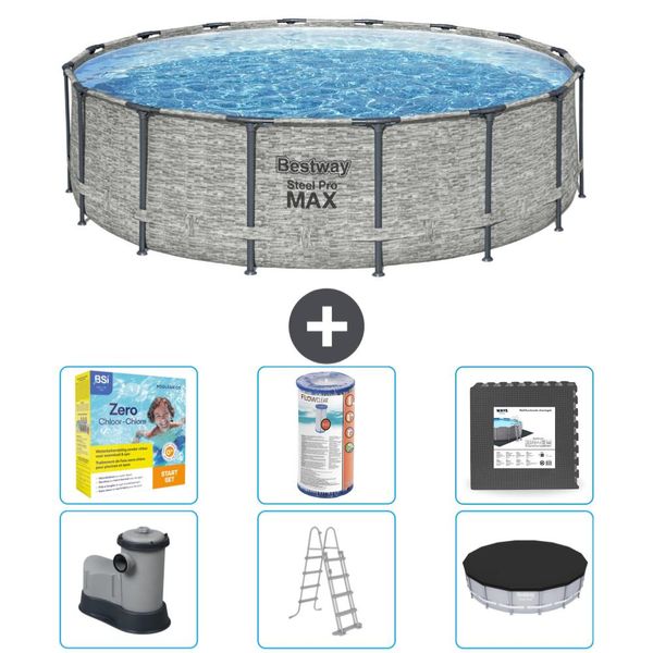 Piscina Bestway Round Steel Pro Max - Stampa Su Pietra - 488 X 122 Cm - Inclusa Pompa - Scala - Copertura Pacchetto Manutenzione - Filtro - Pavimento In Piastrelle-image