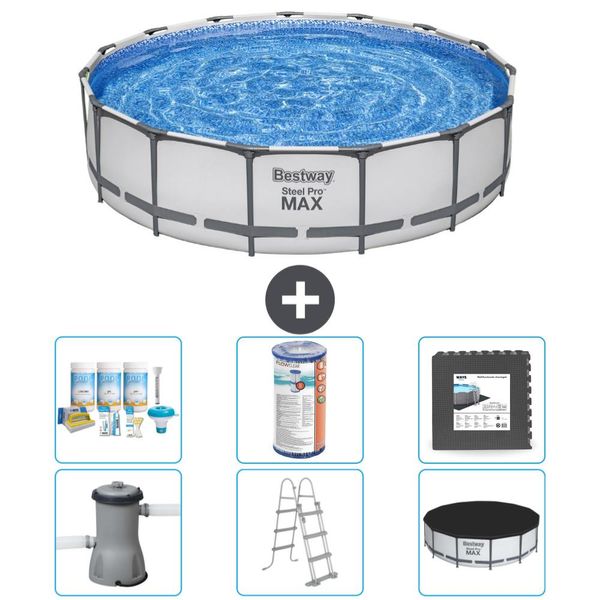 Piscina Bestway Round Steel Pro Max - 457 X 107 Cm - Grigio - Inclusa Pompa - Scala - Pacchetto Manutenzione Copertura - Filtro - Piastrelle Per Il Pavimento-image