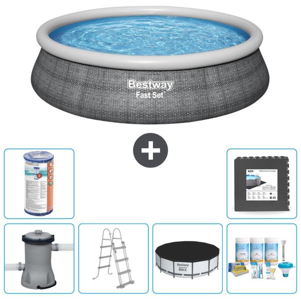 Piscina Gonfiabile Rotonda Bestway A Presa Rapida - Stampa Rattan - 457 X 107 Cm - Inclusa Pompa - Copertura A Scaletta - Pacchetto Manutenzione - Filtro - Piastrelle Per Pavimento-image