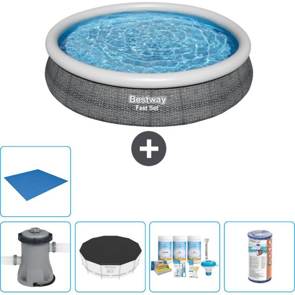 Piscina Gonfiabile Rotonda Bestway A Presa Rapida - Stampa Rattan - 366 X 76 Cm - Inclusa Copertura Della Pompa - Pacchetto Manutenzione - Filtro - Telo Di Protezione-image