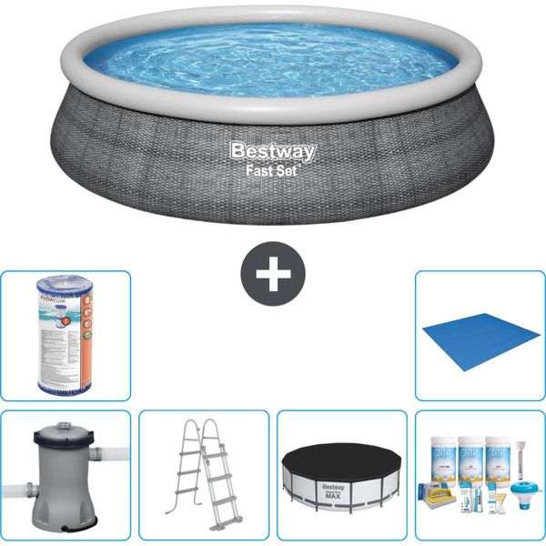 Piscina Gonfiabile Rotonda Bestway Fast-Set - Stampa Rattan - 457 X 107 Cm - Inclusa Pompa - Copertura Della Scala - Pacchetto Manutenzione - Filtro - Telo Di Fondo-image