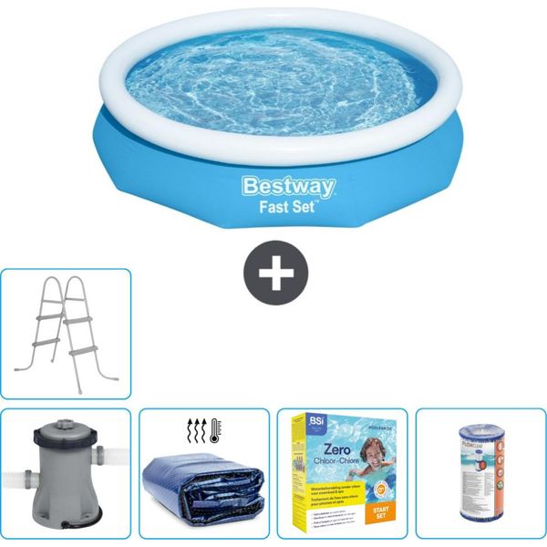 Piscina Gonfiabile Rotonda Bestway Ad Ambientazione Rapida - 305 X 66 Cm - Blu - Inclusa Pompa Tenda - Pacchetto Manutenzione - Filtro - Scaletta-image