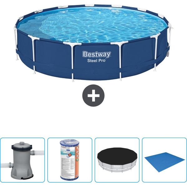 Piscina Bestway Round Steel Pro - 396 X 84 Cm - Blu - Compresa Pompa - Filtro - Copertura - Telo Di Fondo-image
