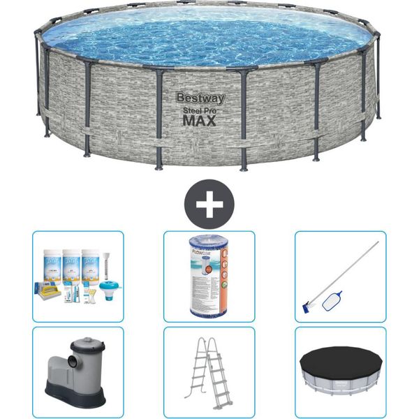Piscina Bestway Round Steel Pro Max - Stampa Su Pietra - 488 X 122 Cm - Inclusa Pompa - Scala - Copertura Pacchetto Manutenzione - Filtro - Kit Pulizia-image