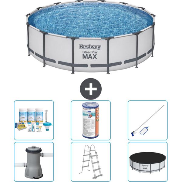 Piscina Bestway Round Steel Pro Max - 427 X 107 Cm - Grigio - Compresa Pompa - Scala - Copertura Pacchetto Manutenzione - Filtro - Kit Pulizia-image