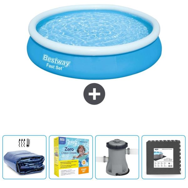 Piscina Gonfiabile Rotonda Bestway Ad Ambientazione Rapida - 366 X 76 Cm - Blu - Include Tenda Da Sole - Pacchetto Manutenzione - Pompa - Pavimento In Piastrelle-image
