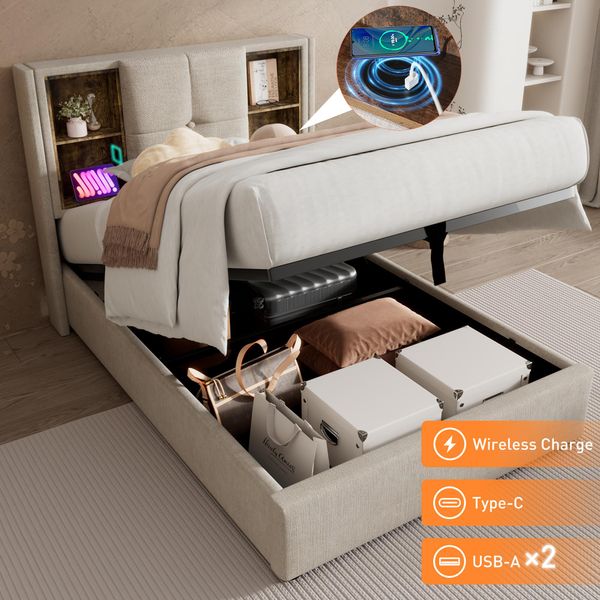 Letto Singolo Sweiko Con Ricarica Wireless Usb C, Rete Imbottita 90X200Cm, Rete Con Contenitore A Doghe In Legno-Lino Naturale (Senza Materasso)-image