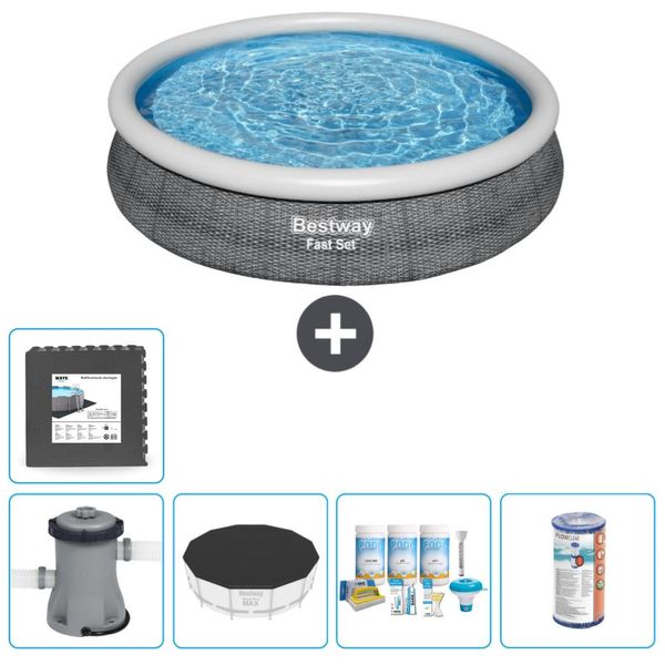 Bestway Piscina Gonfiabile Rotonda Ad Ambientazione Rapida - Stampa Rattan - 366 X 76 Cm - Inclusa Copertura Della Pompa - Pacchetto Manutenzione - Filtro - Piastrelle Per Il Pavimento-image