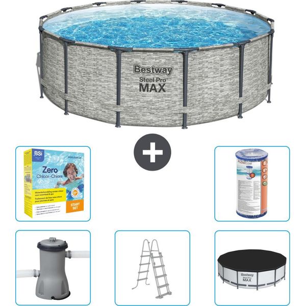 Piscina Bestway Round Steel Pro Max - Stampa Su Pietra - 427 X 122 Cm - Inclusa Pompa - Scala - Copertura Pacchetto Manutenzione - Filtro-image