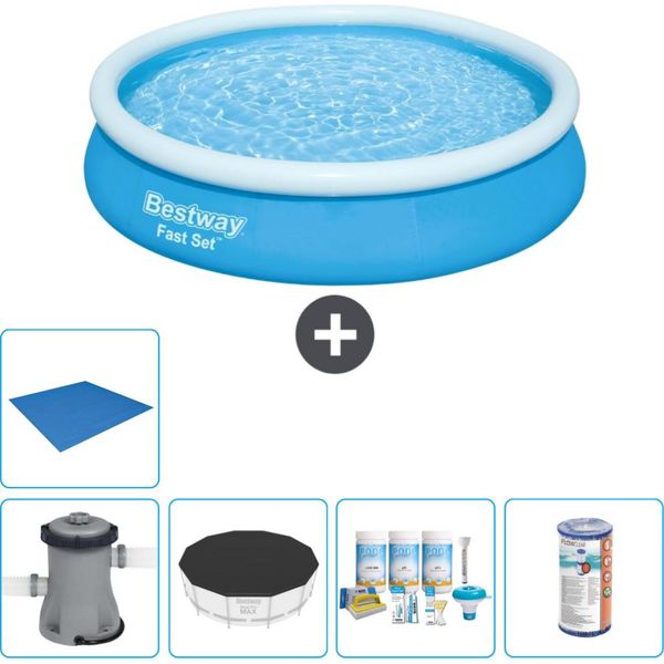 Piscina Gonfiabile Rotonda Bestway Ad Ambientazione Rapida - 366 X 76 Cm - Blu - Inclusa Copertura Della Pompa - Pacchetto Manutenzione - Filtro - Telo Di Protezione-image