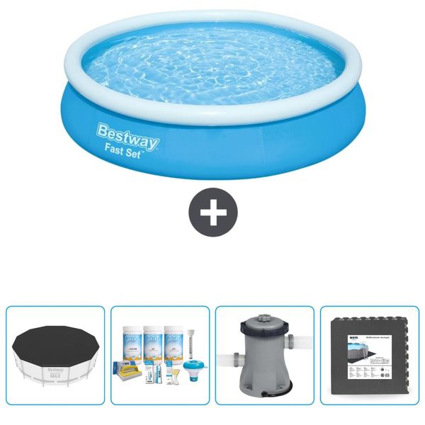 Bestway Piscina Gonfiabile Rotonda Ad Ambientazione Rapida - 366 X 76 Cm - Blu - Include Copertura - Pacchetto Manutenzione - Pompa - Piastrelle Per Pavimento-image