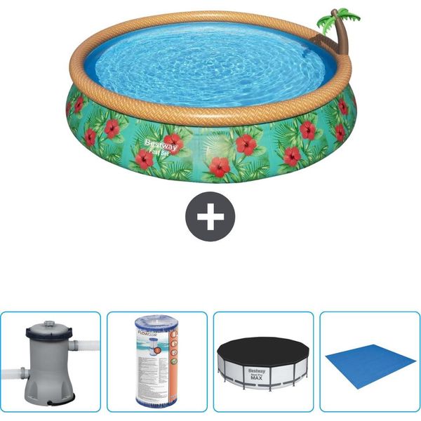 Piscina Gonfiabile Rotonda Bestway Ad Ambientazione Rapida - Paradise Print - 457 X 84 Cm - Inclusa Pompa - Filtro - Copertura - Telo Di Fondo-image