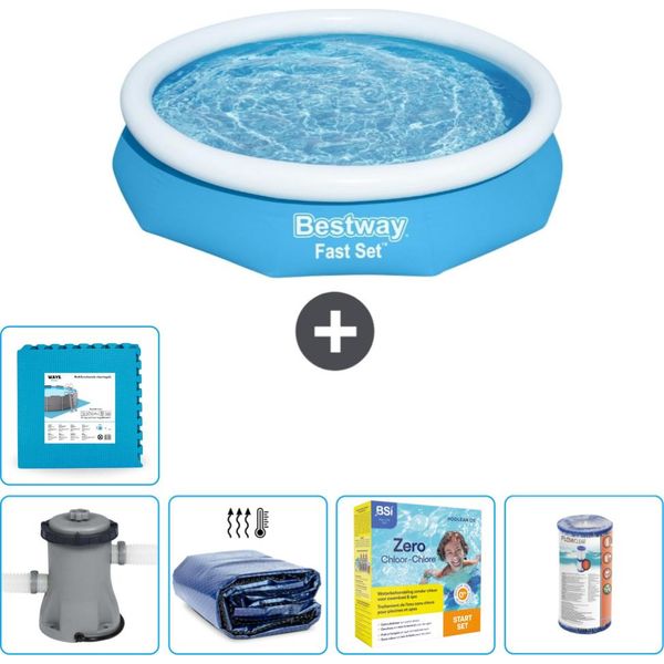Piscina Gonfiabile Rotonda Bestway Ad Ambientazione Rapida - 305 X 66 Cm - Blu - Inclusa Pompa Tenda - Pacchetto Manutenzione - Filtro - Pavimento In Piastrelle-image