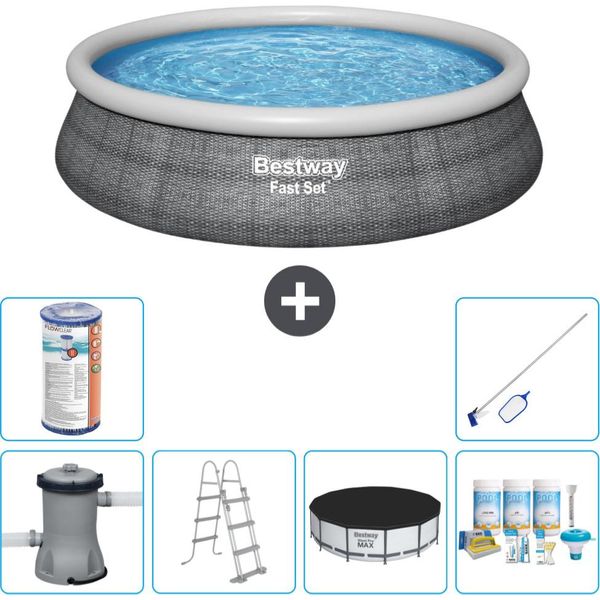 Piscina Gonfiabile Rotonda Bestway Ad Ambientazione Rapida - Stampa Rattan - 457 X 107 Cm - Inclusa Pompa - Copertura A Scaletta - Pacchetto Manutenzione - Filtro - Kit Pulizia-image