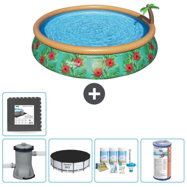 Piscina Gonfiabile Rotonda Bestway Ad Ambientazione Rapida - Paradise Print - 457 X 84 Cm - Inclusa Copertura Della Pompa - Pacchetto Manutenzione - Filtro - Piastrelle Per Il Pavimento-image