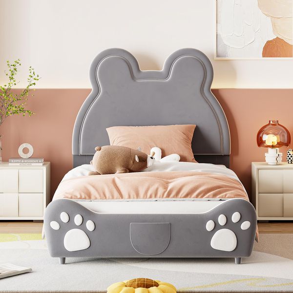 Letto Imbottito Flieks 90X200Cm Con Rete A Doghe, Letto Per Bambini, Letto Per Ragazzi Con Motivo Di Orecchie D'orso, Letto Singolo In Legno, Letto Classico Per Bambini, Velluto, Grigio-image