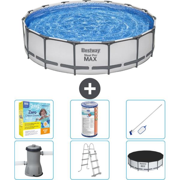 Piscina Bestway Round Steel Pro Max - 457 X 107 Cm - Grigio - Compresa Pompa - Scala - Copertura Pacchetto Manutenzione - Filtro - Kit Pulizia-image