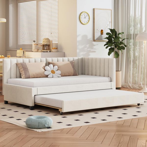 Letto Imbottito Flieks 90X200Cm Con Rete A Doghe, Divano Letto Da Giorno Con Letto Estraibile, Letto Singolo Letto Per Ospiti Letto Da Giorno Letto Per Ragazzi Divano Letto, Velluto, Beige-image