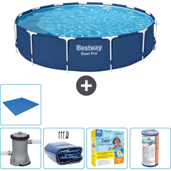 Piscina Bestway Round Steel Pro - 396 X 84 Cm - Blu - Inclusa Pompa - Tenda - Pacchetto Manutenzione - Filtro - Telo Di Fondo-image