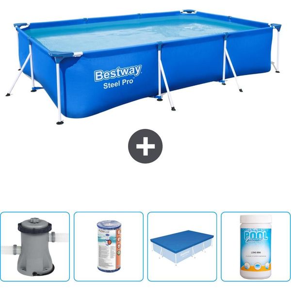 Piscina Bestway Pro Rettangolare In Acciaio - 300 X 201 X 66 Cm - Blu - Pompa Inclusa - Filtro - Copertura - Cloro-image