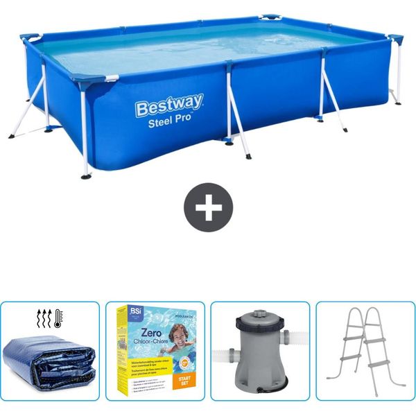 Piscina Bestway Steel Pro Rettangolare - 300 X 201 X 66 Cm - Blu - Include Tenda Da Sole - Pacchetto Manutenzione - Pompa - Scaletta-image