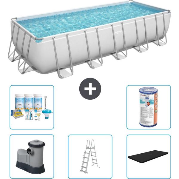 Piscina Rettangolare Bestway Power Steel - 640 X 274 X 132 - Grigio - Compresa Pompa - Scala - Copertura Pacchetto Manutenzione - Filtro-image