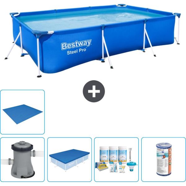 Piscina Bestway Pro Rettangolare In Acciaio - 300 X 201 X 66 Cm - Blu - Inclusa Copertura Della Pompa - Pacchetto Manutenzione - Filtro - Copertura Del Terreno-image