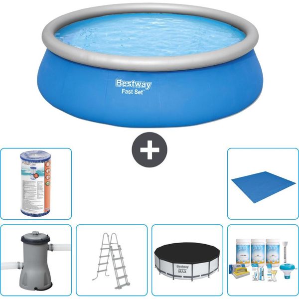 Piscina Gonfiabile Rotonda Bestway Fast-Set - 457 X 122 Cm - Blu - Inclusa Pompa - Copertura A Scaletta - Pacchetto Manutenzione - Filtro - Telo Di Fondo-image