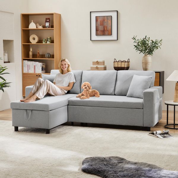 Divano Angolare Merax A 3 Posti Con Funzione Letto, Divano A L Con Box Letto, Divano Tasca Laterale Zona Giorno, Set Divano Letto, Grigio Chiaro-image