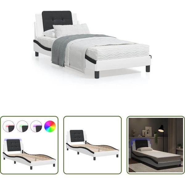 The Living Store Struttura Letto Con Led Bianco E Nero 90X200 Cm In Ecopelle-image