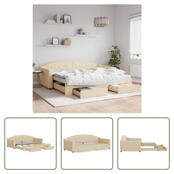 The Living Store Letto Da Giorno Allungabile Con Cassetti Crema 90X200 Cm In Tessuto-image