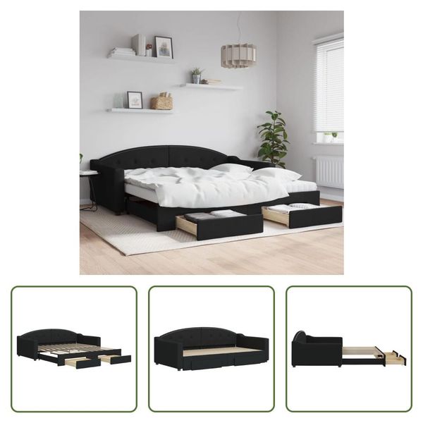 The Living Store Letto Da Giorno Allungabile Con Cassetti Nero 100X200 Cm In Tessuto-image