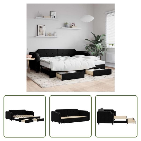 The Living Store Lettino Allungabile Con Cassetti Nero 80X200 Cm In Tessuto-image