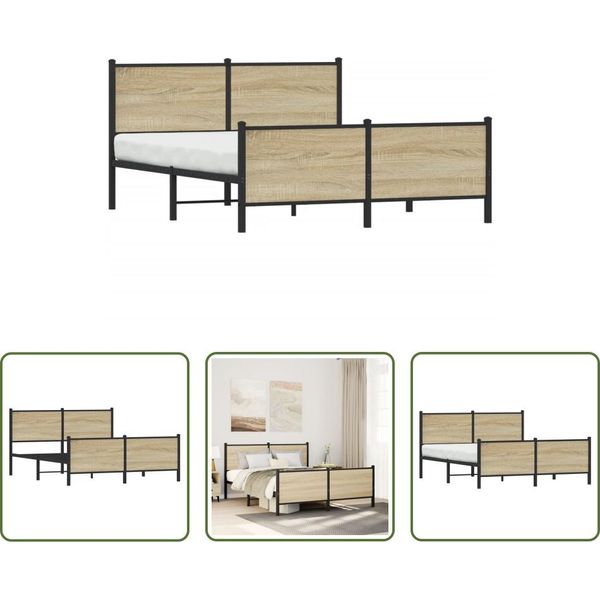 The Living Store Struttura Letto Con Testiera E Pediera In Metallo Rovere Sonoma 137X190Cm-image