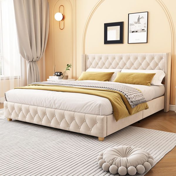 Letto Imbottito Flieks 160X200Cm Letto Per Ragazzi Con Rete A Doghe, Letto Matrimoniale Letti Classici Letto Per Bambini Letto In Legno Massiccio, Velluto, Beige-image