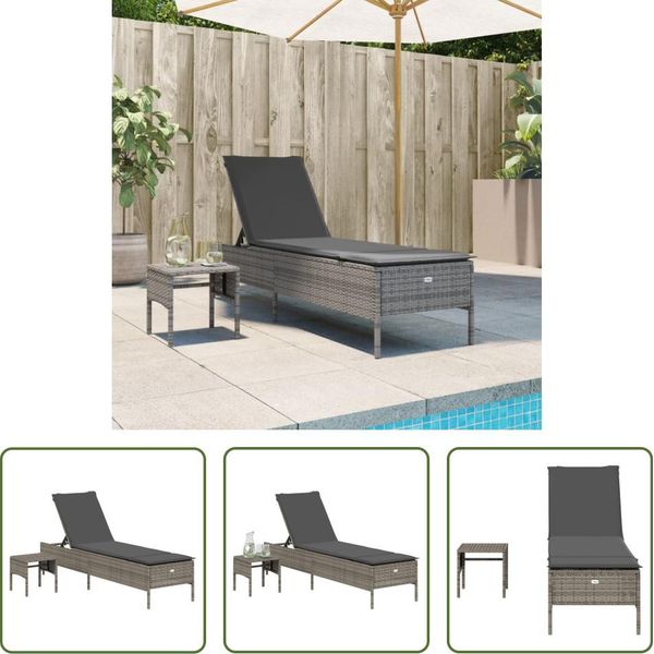The Living Store Lettino Con Tavolo E Cuscino In Poly Rattan Grigio-image