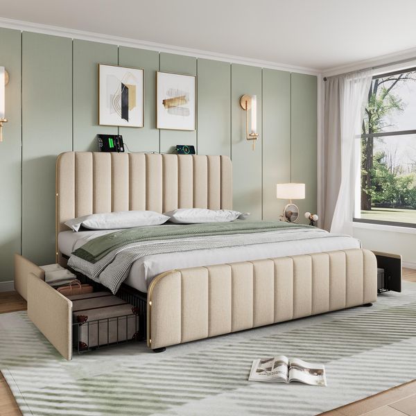 Letto Imbottito Flieks 140X200Cm Con Funzione Di Ricarica (Usb, Type-C), Letto Matrimoniale Contenitore Con 4 Cassetti, Letto Giovanile Funzionale, Biancheria, Beige-image