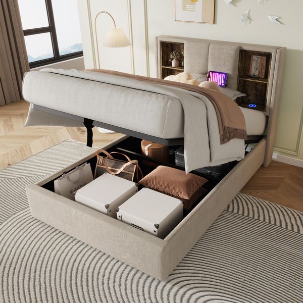 Letto Imbottito Flieks 90X200Cm Con Usb E Tipo C, Letto Contenitore A Molle Idrauliche Con Rete A Doghe, Letto Matrimoniale Letto Per Ragazzi Letto In Legno, Biancheria, Beige-image