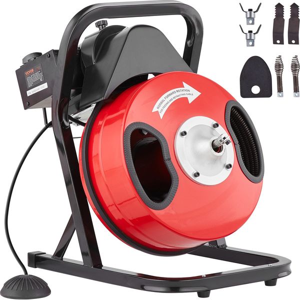 Macchina Per La Pulizia Dei Tubi Vevor 50 Ft X 1/2 Pollice, Spirale Manuale Per La Pulizia Dei Tubi - Con 4 Frese E Interruttore A Pedale Ad Attivazione Pneumatica Per Tubi Da 2 A 4 Pollici-image