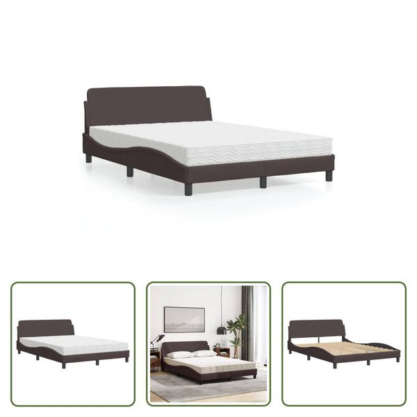 The Living Store Letto Con Materasso In Tessuto Marrone Scuro 140X190 Cm-image