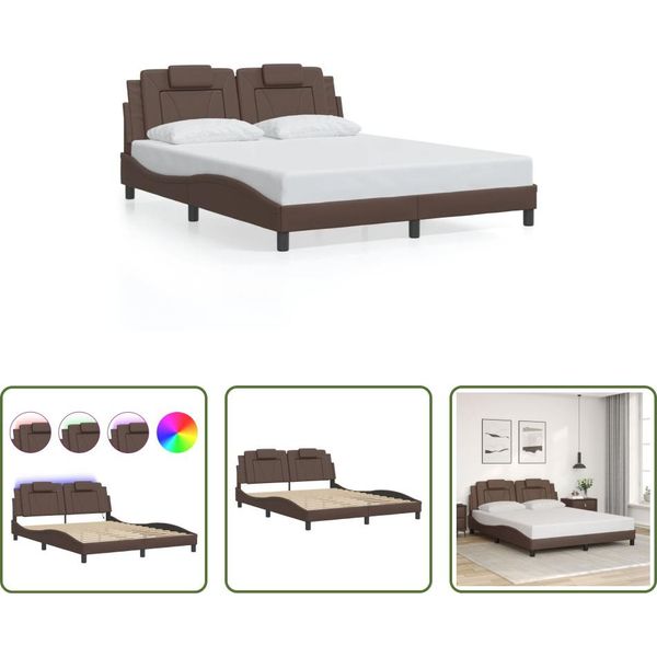 The Living Store Struttura Letto Con Led Marrone 160X200 Cm In Ecopelle-image