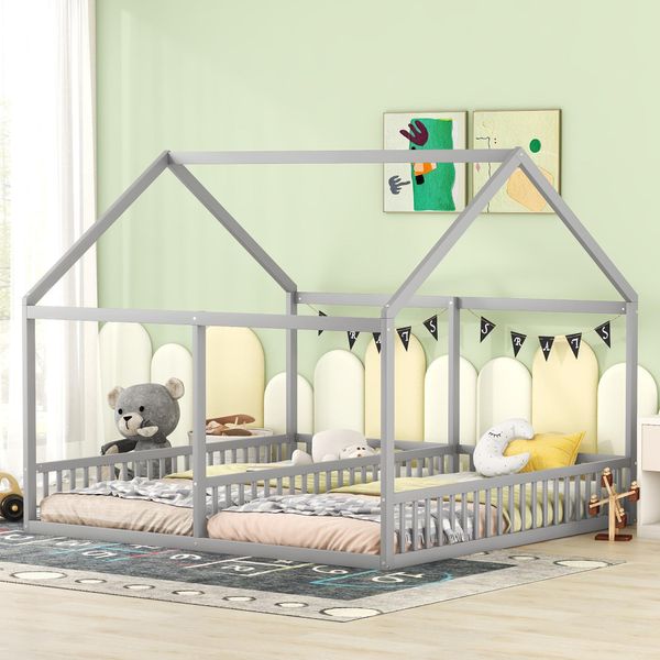 Letto Per Bambini Flieks Letto Casa 90X200Cm Per 2 Bambini, Letto A Terra Letto In Legno Massiccio Con Protezione Anticaduta E Rete A Doghe, 2 Letti Singoli Letto Matrimoniale, Grigio-image